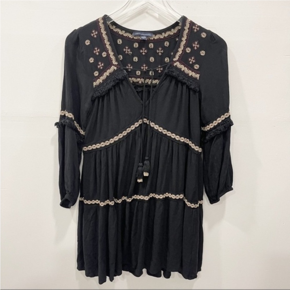 American Eagle Tiered Embroidered Tunic Dress Tie-Front Small